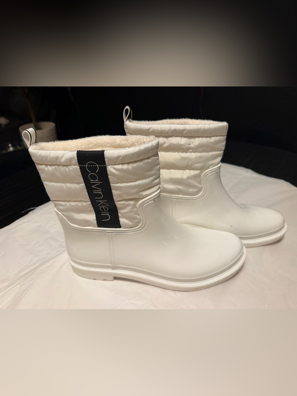Calvin Klein White Quilted Faux-Fur Lined Rain Ankle Boots